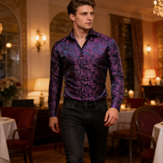Barry. Wang Mens Purple Floral Dress Shirt Long Sleeve Button Down Shirt