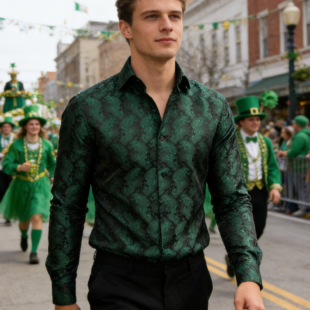 Barry. Wang Hunter Green Floral Shirt Long Sleeve Button Down Shirt