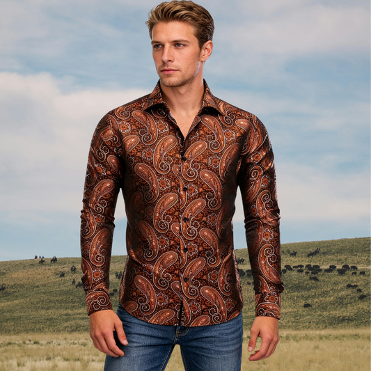 Barry. Wang Mens Brown Dress Shirt Paisley Silk Long Sleeve Button Down Shirt