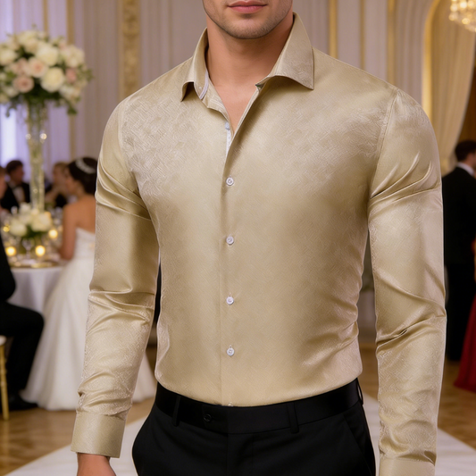 Barry. Wang Champagne Dress Shirt Mens Silk Long Sleeve Button Down Shirt