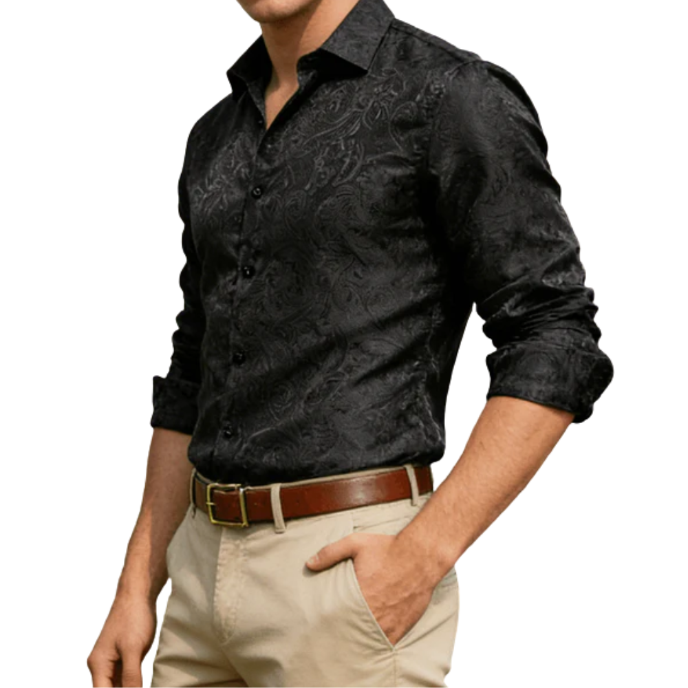 Barry. Wang Mens Black Paisley Dress Shirt Silk Business Formal Button Down Shirt, M