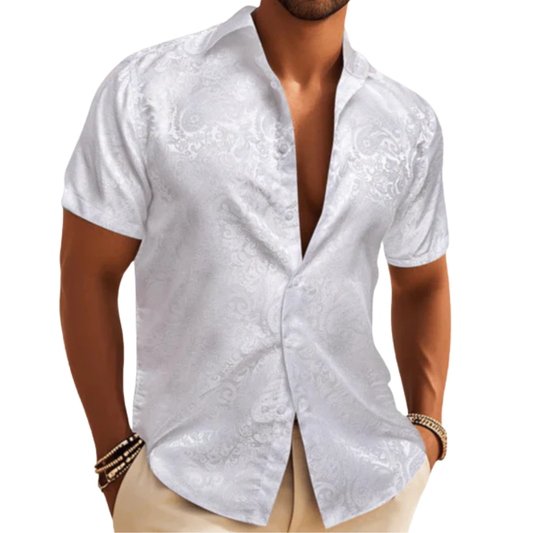 Barry. Wang White Short Sleeve Shirt for Men Silk Summer Casual Dress Shirt
