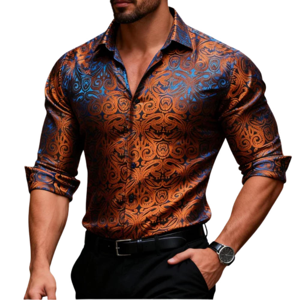 Barry. Wang Burnt Orange Paisley Dress Shirt for Men Silk Casual Long