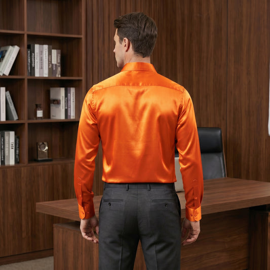 Barry. Wang Orange Satin Mens Dress Shirts Long Sleeve Solid Formal Shirt