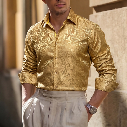 Barry. Wang Mens Gold Paisley Dress Shirt Silk Party Casual Long Sleeve Shirt