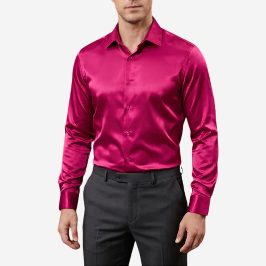 Barry. Wang Hot Pink Formal Shirt Mens Satin Business Work Long Sleeve Shirt