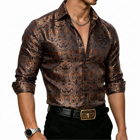 Barry. Wang Mens Brown Paisley Dress Shirt Business Casual Long Sleeve Shirt