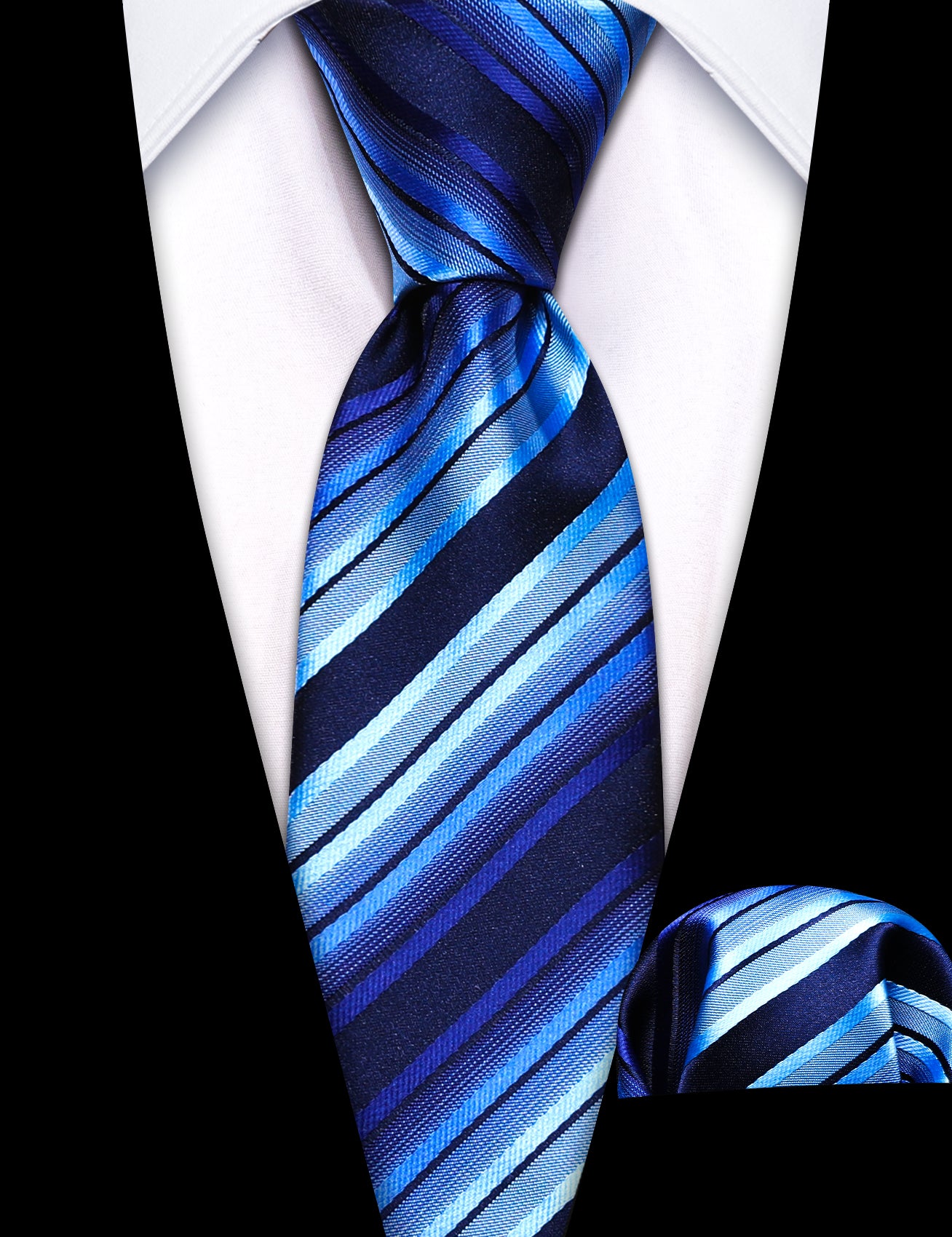 Wedding Boys Blue Striped Kids Necktie Pocket Square Set