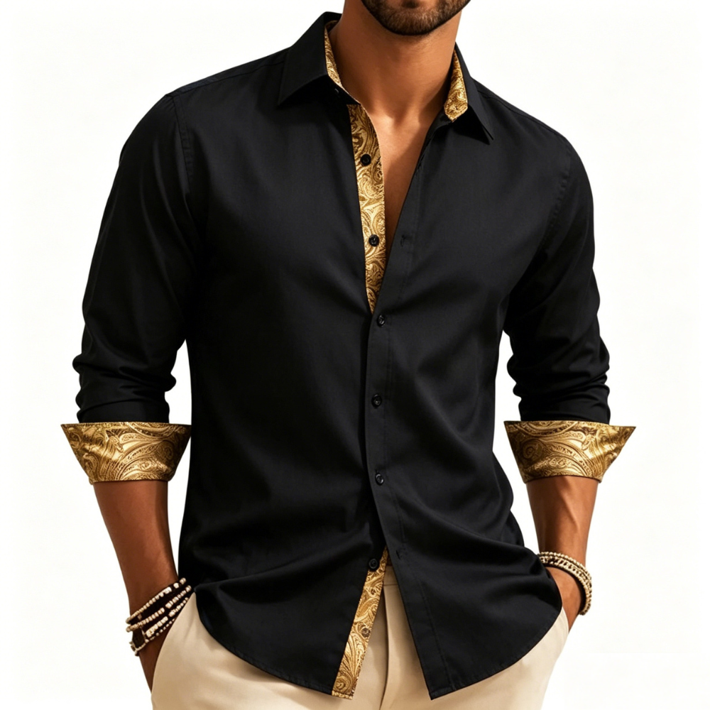 Barry. Wang Dress Shirt for Men Black Construct Long Sleeve Button Down Shirt, L
