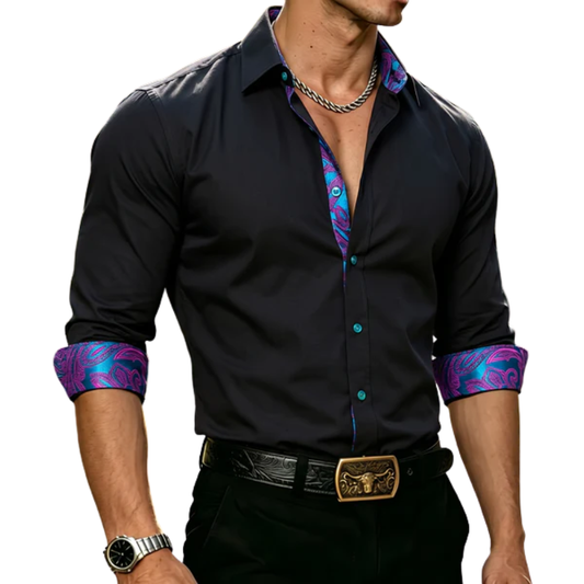 Barry. Wang Black Dress Shirt Mens Splicing Silk Casual Party Club Long Sleeve Shirt