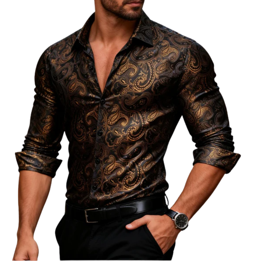 Barry. Wang Gold Casual Shirt for Men Paisley Long Sleeve Button Down Shirt