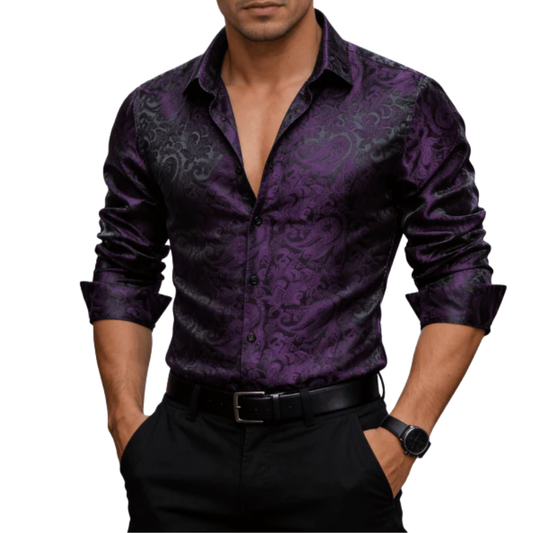 Barry. Wang Mens Purple Dress Shirt Paisley Silk Long Sleeve Button Down Shirt