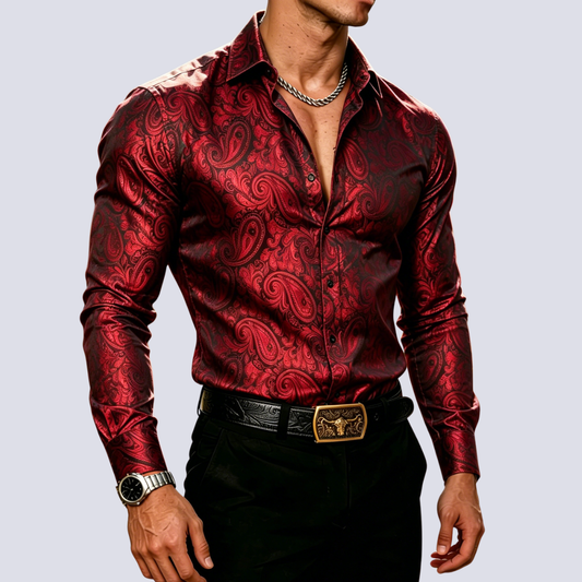 Barry. Wang Burgundy Paisley Dress Shirt Silk Long Sleeve Button Down Formal Shirt