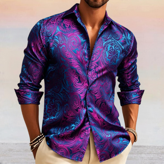 Barry. Wang Mens Purple Paisley Dress Shirt Jacquard Casual Party Long Sleeve Shirt
