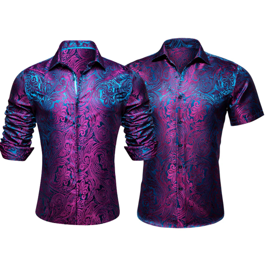 Barry.Wang 2pcs Mens Shirts Purple Paisley Shirt Silk Shirt