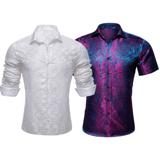 Barry.Wang 2pcs Mens Shirts White Purple Paisley Shirt Silk Shirt