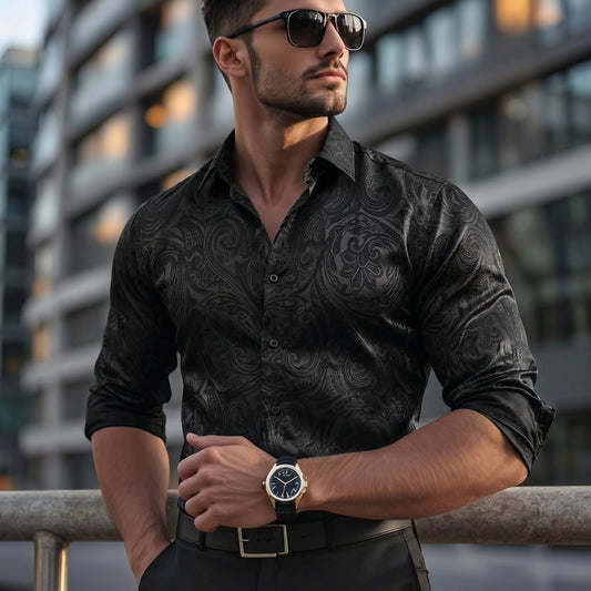 Barry. Wang Mens Black Shirt Paisley Jacquard Long Sleeve Button Up Shirt