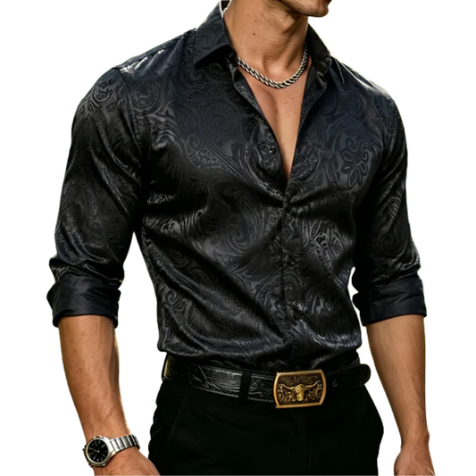 Barry. Wang Mens Black Dress Shirt CowBoy Paisley Long Sleeve Button Up Shirt