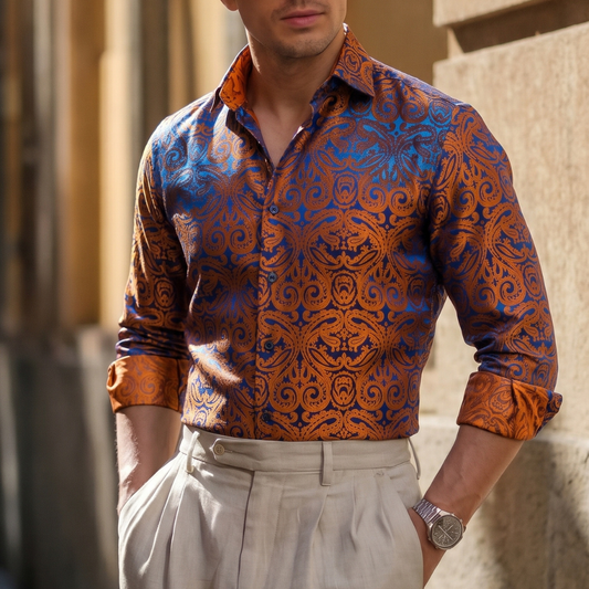 Barry. Wang Brown Button Down Shirt Casual Paisley Silk Long Sleeve Dress Shirt