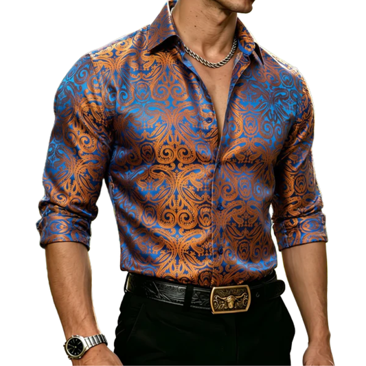 Barry. Wang Brown Button Down Shirt Casual Paisley Silk Long Sleeve Dress Shirt