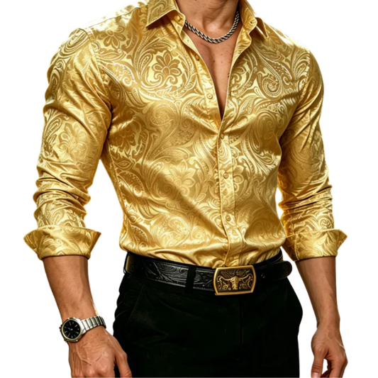 Barry. Wang Mens Gold Paisley Dress Shirt Silk Party Casual Long Sleeve Shirt