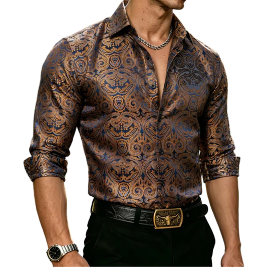 Barry. Wang Mens Brown Paisley Dress Shirt Business Casual Long Sleeve Shirt