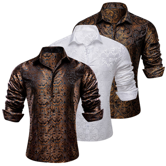 Barry.Wang 3pcs Men Dress Shirts Brown White Paisley Floral Shirt Silk Shirt