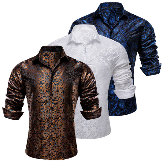 Barry.Wang 3pcs Men Dress Shirts Brown White Blue Paisley Floral Shirt Silk Shirt