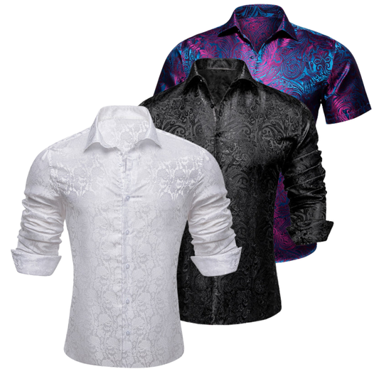 Barry.Wang 3pcs Mens Dress Shirts White Black Purple Shirt Silk Shirt