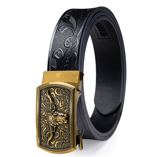 Barry. Wang Western Belt for Men Black Leather Cowboy Belt Gold Longhorn Bull Buckle Ratchet