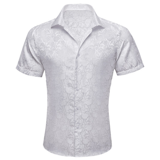 Barry. Wang Mens White Dress Shirt Paisley Silk Short Sleeve Button Down Shirt