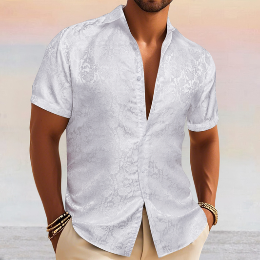 Barry. Wang White Paisley Short Sleeve Shirt Mens Silk Beach Party Button Up Shirt
