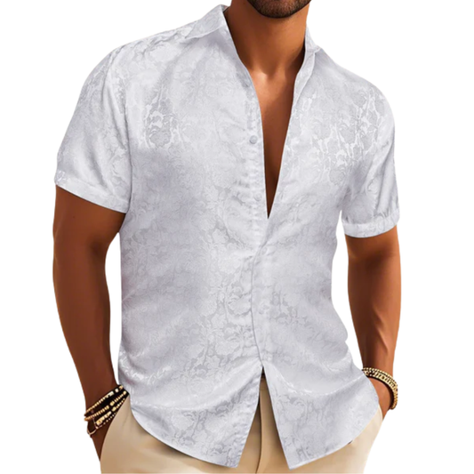 Barry. Wang White Paisley Short Sleeve Shirt Mens Silk Beach Party Button Up Shirt