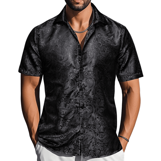 Barry. Wang Mens Paisley Casual Shirt Black Silk Short Sleeve Button Down Shirt for Party