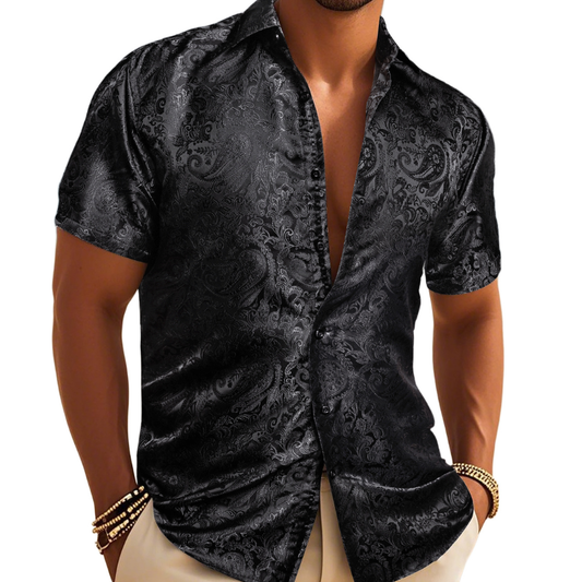 Barry. Wang Mens Paisley Casual Shirt Black Silk Short Sleeve Button Down Shirt for Party