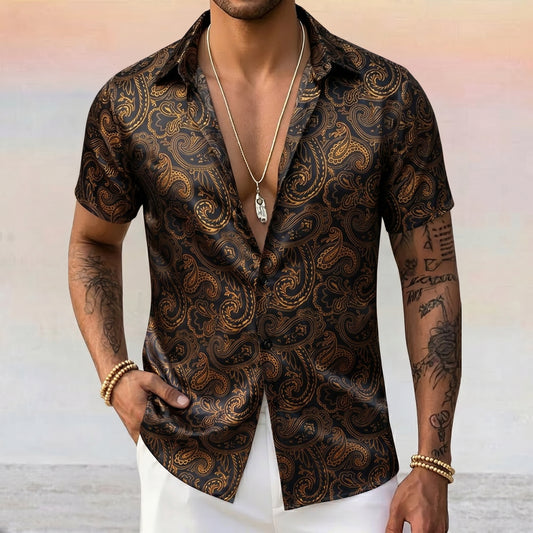 Barry. Wang Gold Casual Shirt for Men Paisley Short Sleeve Button Down Shirt