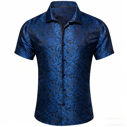 Barry. Wang Royal Blue Paisley Dress Shirt Wrinkle Free Short Sleeve Shirt