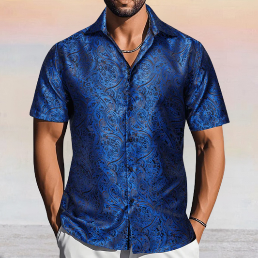 Barry. Wang Mens Blue Paisley Dress Shirt Jacquard Summer Short Sleeve Shirt
