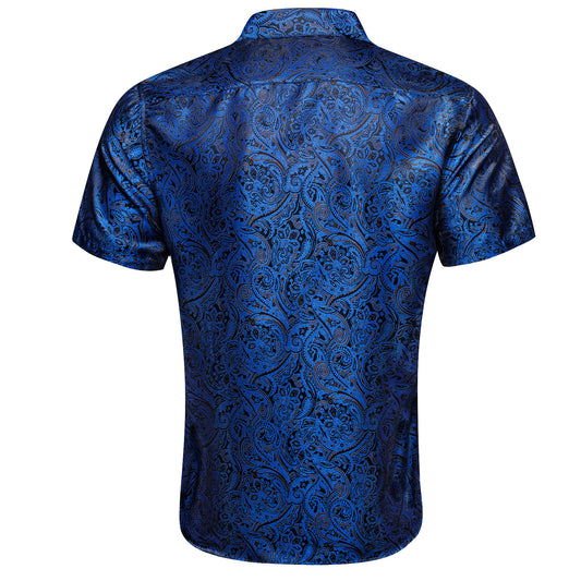 Barry. Wang Royal Blue Paisley Dress Shirt Wrinkle Free Short Sleeve Shirt