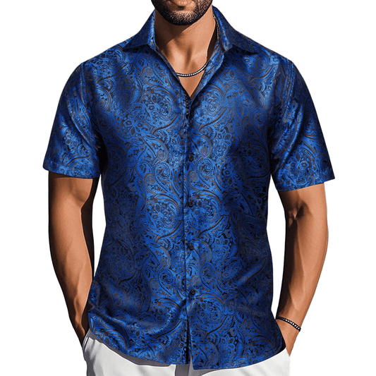 Barry. Wang Royal Blue Paisley Dress Shirt Wrinkle Free Short Sleeve Shirt