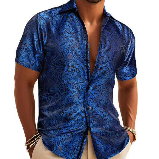 Barry. Wang Royal Blue Paisley Dress Shirt Wrinkle Free Short Sleeve Shirt