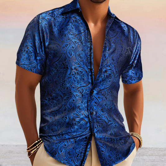 Barry. Wang Mens Blue Paisley Dress Shirt Jacquard Summer Short Sleeve Shirt