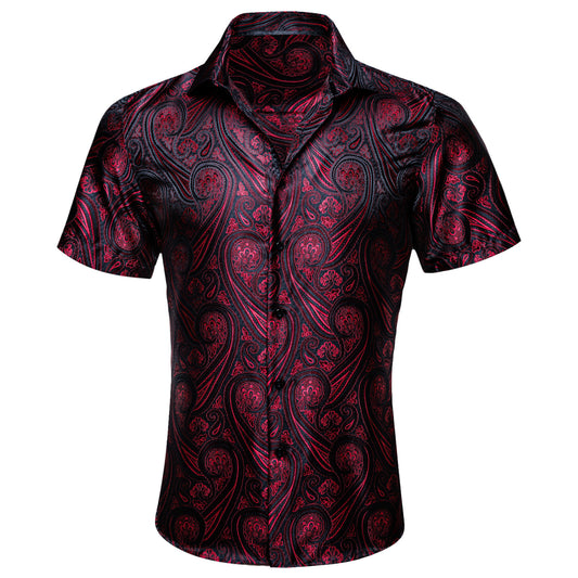 Barry. Wang Mens Western Shirt Silk Burgundy Paisley Short Sleeve Button Down Dress Shirt
