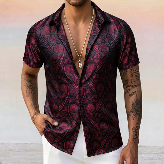 Barry. Wang Mens Western Shirt Silk Burgundy Paisley Short Sleeve Button Down Dress Shirt