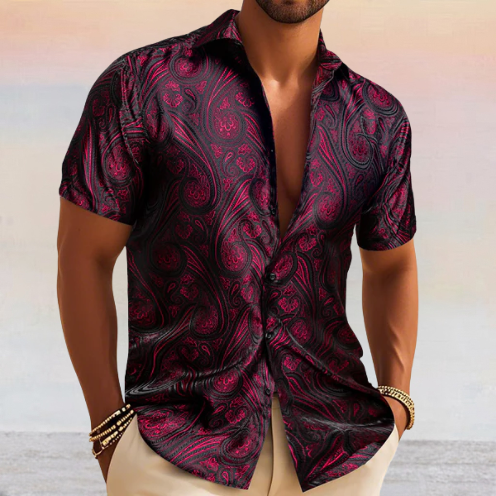Barry. Wang Mens Western Shirt Silk Burgundy Paisley Short Sleeve Butt