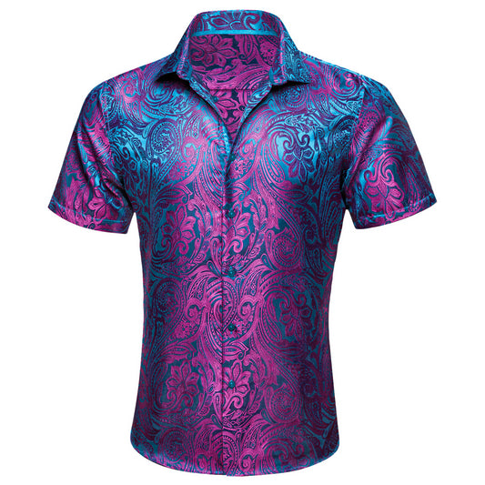 Barry. Wang Blue Purple Paisley Jacquard Short Sleeve Button Up Shirt for Men