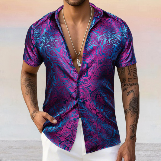 Barry. Wang Mens Purple Paisley Short Sleeve Shirt Summer Beach Button Up Shirt