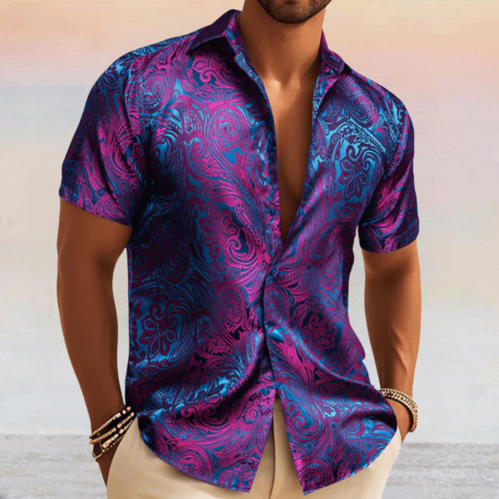mens summer dress shirts Barry. Wang Mens Purple Paisley Short Sleeve Shirt Summer Beach Button