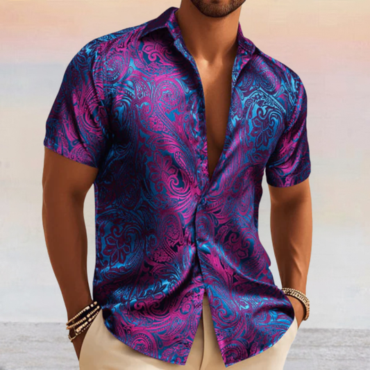 Barry. Wang Mens Purple Paisley Short Sleeve Shirt Summer Beach Button Up Shirt