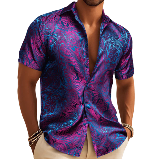 Barry. Wang Mens Purple Paisley Short Sleeve Shirt Summer Beach Button Up Shirt
